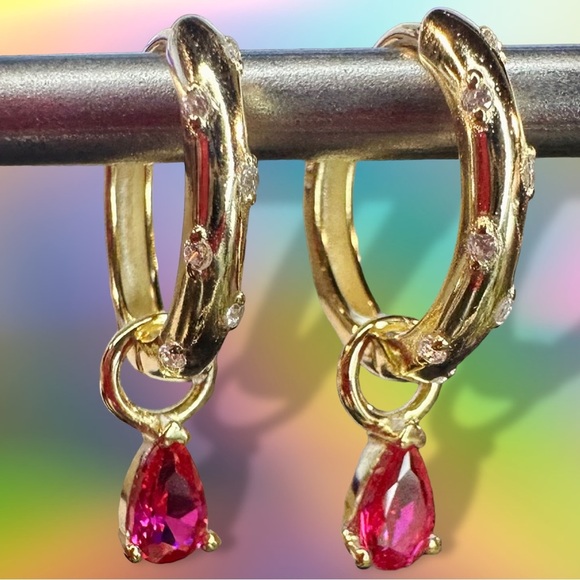 NEW 14K Yellow Gold-Plated White Crystal CZ Encrusted Huggie Hoops w Ruby Dangle - Picture 14 of 16